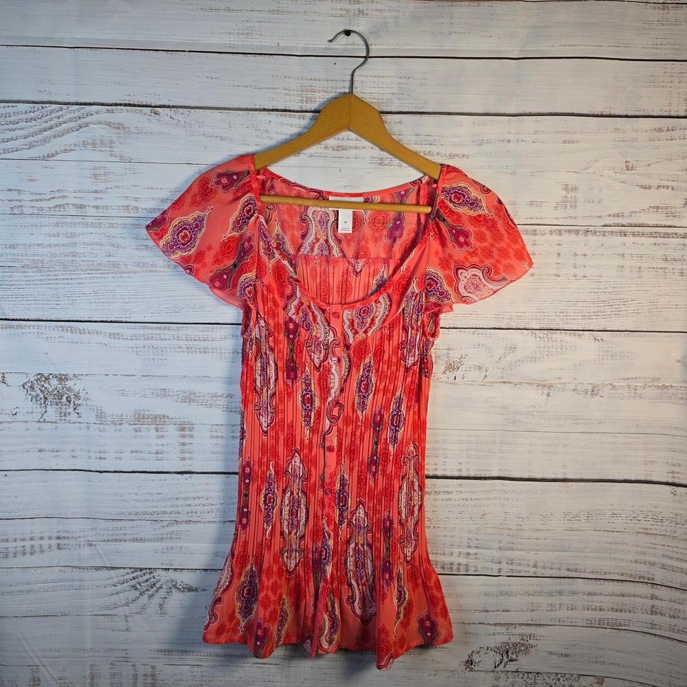 Fashion Bug Coral Paisley Peasant Top Size Medium Boho Flutter Sleeve Blouse